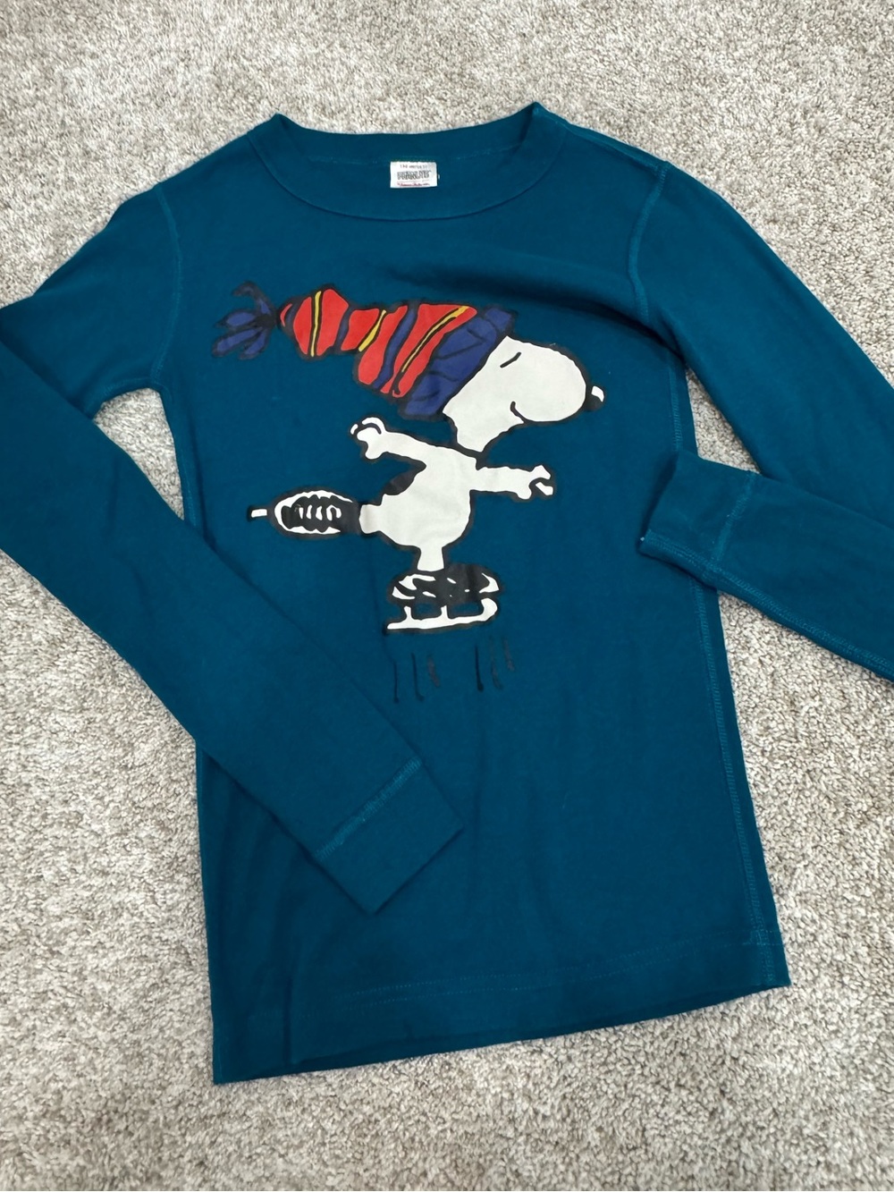 Peanuts Teal Long Sleeve Top with Snoopy Ice Skate Graphic